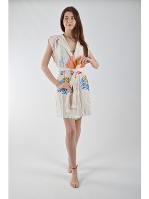 Reina Teks Kapüşonlu Yelek Pamuklu Karışık Mercan Desen Kuşaklı 1 Adet Unisex Müslin Kumaş Çok Amaçlı Bornoz