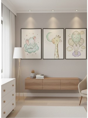 Safir Design Bebek Odası Için Pastel Tonlarda Illüstrasyon 3lü Çerçeveli Tablo Seti