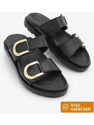 Marjin Kadın  Deri Altın Toka Detaylı Kalın Taban Günlük Terlik Merpe Siyah