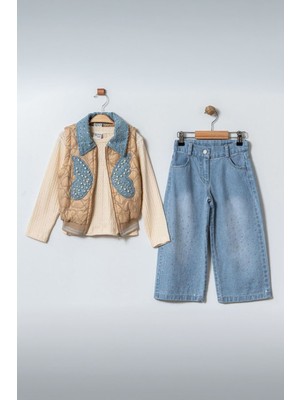 Miniğimin Cicileri (3-6 Yaş) Inci Detaylı Kelebek Aplikeli Kapitone Yelekli 3’lü Kız Çocuk Kot Takım - Vizon