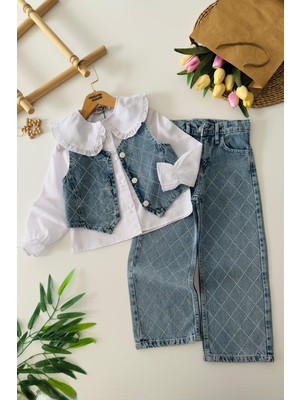 Miniğimin Cicileri Kot Taşlı Yelekli 3 Lü Kız Çocuk Takım - Mavi