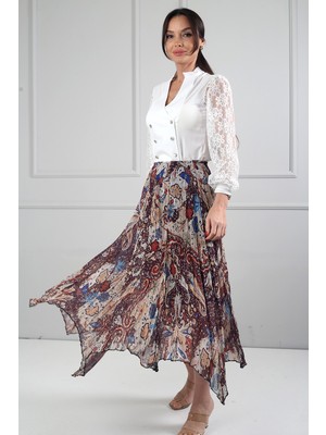 By Saygı Kadın Beli Lastikli Astarlı Şal Desenli Kraşlı Üçgen Midi Etek