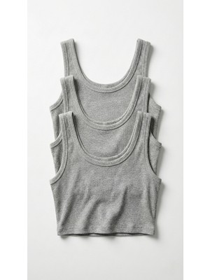 Underwear Bodyway 3'lü Siyah Fitilli Yarım Atlet Crop Seti - Pamuklu Kalın Askılı Esnek Sporcu Büstiyer Paketi