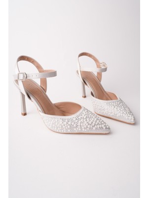 Muggo Cluj Inci Taş Işlemeli Sivri Burun Bilekten Bantlı Kadın Abiye Topuklu Ayakkabı