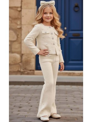 Riccotarz Kız Çocuk Üzeri Inci Işlemeli Cep Detaylı Ceket, Paçaları Inci Detaylı Triko Beyaz Alt Üst Takım