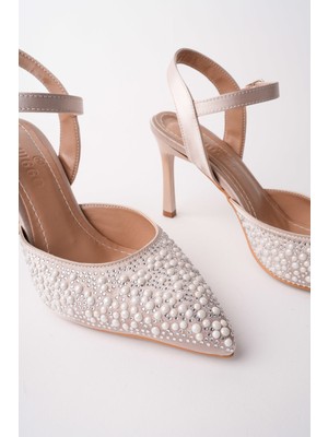 Muggo Cluj Inci Taş Işlemeli Sivri Burun Bilekten Bantlı Kadın Abiye Topuklu Ayakkabı