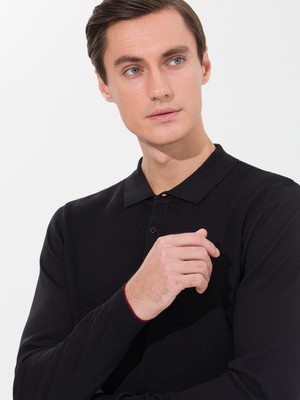 Cacharel Erkek Siyah Slim Fit Polo Yaka Triko Kazak 50261181-VR046