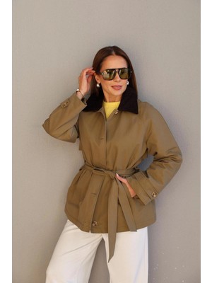 Purple By Banu Haki Kadife Yaka Kuşaklı Ceket