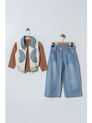 Miniğimin Cicileri (3-6 Yaş) Inci Detaylı Kelebek Aplikeli Kapitone Yelekli 3’lü Kız Çocuk Kot Takım - Kahverengi