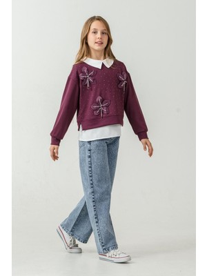 Miniğimin Cicileri (8-12 Yaş) Incili Çiçek Aplikeli Yaka Detaylı Taşlı Kız Çocuk 3 Lü Takım - Mor