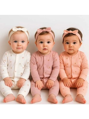UmBaby 3’lü Kız Bebek Tulum Seti – Çok Renkli Pamuklu Çiçekli Lale Desen Özellikli Patiksiz