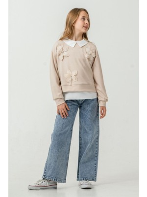 Miniğimin Cicileri (8-12 Yaş) Incili Çiçek Aplikeli Yaka Detaylı Taşlı Kız Çocuk 3 Lü Takım - Bej