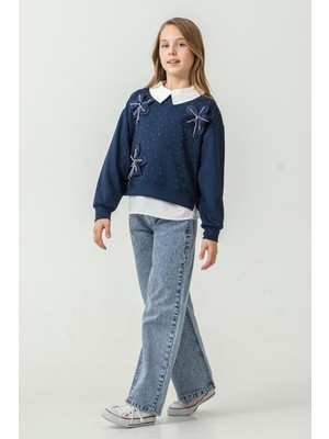 Miniğimin Cicileri (8-12 Yaş) Incili Çiçek Aplikeli Yaka Detaylı Taşlı Kız Çocuk 3 Lü Takım - Lacivert