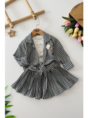 Miniğimin Cicileri Ekose Desenli Çiçek Broş Detaylı Gömlekli 3’lü Kız Çocuk Etek Takım - Siyah