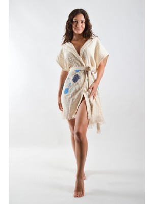 Reina Teks Kapüşonlu Yelek Pamuklu Deniz Kabuğu Desen Kuşaklı 1 Adet Unisex Müslin Kumaş Çok Amaçlı Bornoz