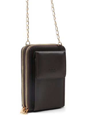 SHAKA Kahve Rengi SHK312 Suni Deri 4 Bölmeli,zincirli ,telefonluk ve Omuz Çantası