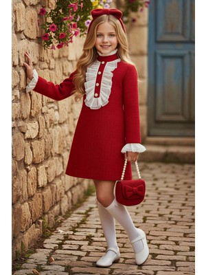 Riccotarz Kız Çocuk Fırfır ve Palyaço Yaka Göğsü Düğme ve Dantel Işleme Detaylı Şanel Kırmızı Elbise