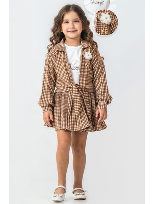 Miniğimin Cicileri Ekose Desenli Çiçek Broş Detaylı Gömlekli 3’lü Kız Çocuk Etek Takım - Kahverengi