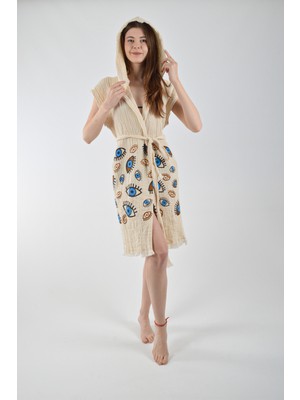 Reina Teks Kapüşonlu Yelek Pamuklu Karışık Göz Desen Kuşaklı 1 Adet Unisex Müslin Kumaş Çok Amaçlı Bornoz