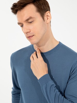 Cacharel Erkek Mavi Slim Fit Bisiklet Yaka Basic Triko Kazak 50257398-VR036