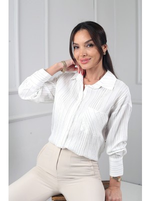 By Saygı Kadın Kraş Cotton Tek Cepli Çizgili Gömlek