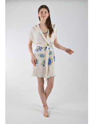 Kapüşonlu Yelek Pamuklu Nazar Boncuklu Göz Desen Kuşaklı 1ADET Unisex Müslin Kumaş Çok Amaçlı Bornoz