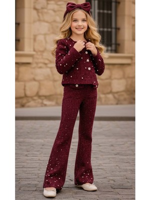 Riccotarz Kız Çocuk Üzeri Inci Işlemeli Cep Detaylı Ceket, Paçaları Inci Detaylı Triko Bordo Alt Üst Takım