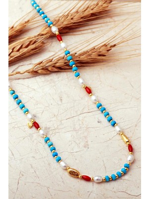 Sümer Telkari Firuze, Inci ve Mercan Taşlı Altın Yaldızlı 925 Ayar Gümüş Dizgi Kolye 8119