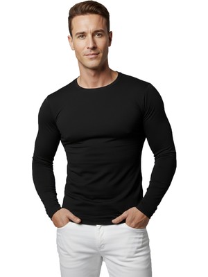 Rizzup Siyah Dar Kalıp Likralı %90 Pamuk Erkek Sweatshirt – Vücuda Oturan Ince Penye Sweat 2300423