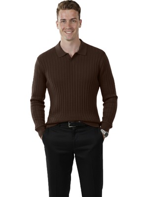 Rizzup Erkek Kahve Polo Yaka Fitilli Triko Kazak – %100 Pamuk, Esnek Dokulu, Modern Kalıp 2605306