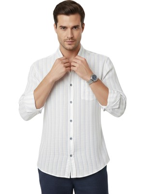 RizzUP Lacivert Rahat Kalıp Çizgili Erkek Gömlek – Cepli Ahşap Düğmeli Doğal Dokulu Yeni Sezon 2602623