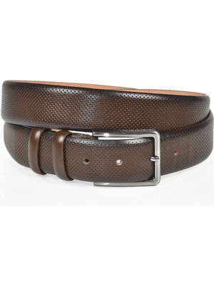 Rizzup Kahve Erkek Nokta Desenli Klasik Kemer 3,5 cm Hakiki Deri Kemer 2104489