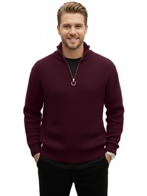 Rizzup Erkek Bordo Yarım Fermuarlı Oversize Kesim Triko Kazak – Yumuşak Dokulu Örgü Kazak 2608511