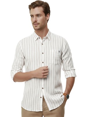 RizzUP Kahve Rahat Kalıp Çizgili Erkek Gömlek – Cepli Ahşap Düğmeli Doğal Dokulu Yeni Sezon 2602623