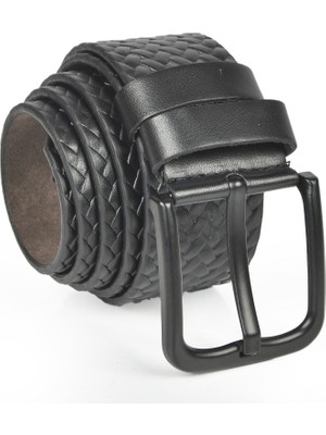 Rizzup Erkek Siyah 4,5 cm Örme Desenli Spor Suni Deri Kot Kemeri 2402625