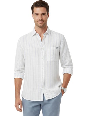 RizzUP Mavi Rahat Kalıp Çizgili Erkek Gömlek – Cepli Ahşap Düğmeli Doğal Dokulu Yeni Sezon 2602623