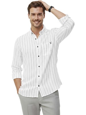 RizzUP Gri Rahat Kalıp Çizgili Erkek Gömlek – Cepli Ahşap Düğmeli Doğal Dokulu Yeni Sezon 2602623