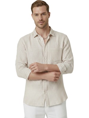 RizzUP Bej Slim Fit %100 Pamuk Çizgili Erkek Gömlek – Cepli Yazlık Yeni Sezon Gömlek 2602627