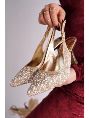 Muggo Elegant Taş ve Inci Işlemeli Arkası Açık Topuklu Abiye Ayakkabı