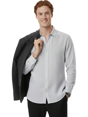 RizzUP Gri Rahat Kalıp %100 Keten Erkek Gömlek – Yazlık Çizgi Desenli Yeni Sezon Gömlek 2602616