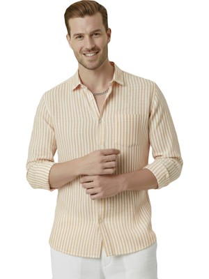 RizzUP Sarı Slim Fit %100 Pamuk Çizgili Erkek Gömlek – Cepli Yazlık Yeni Sezon Gömlek 2602627