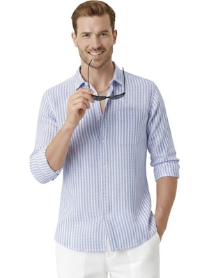 RizzUP Lacivert Slim Fit %100 Pamuk Çizgili Erkek Gömlek – Cepli Yazlık Yeni Sezon Gömlek 2602627
