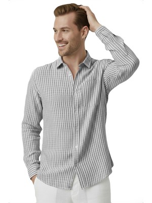 RizzUP Gri Slim Fit %100 Pamuk Çizgili Erkek Gömlek – Cepli Yazlık Yeni Sezon Gömlek 2602627