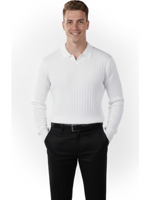 Rizzup Erkek Beyaz Polo Yaka Fitilli Triko Kazak – %100 Pamuk, Esnek Dokulu, Modern Kalıp 2605306