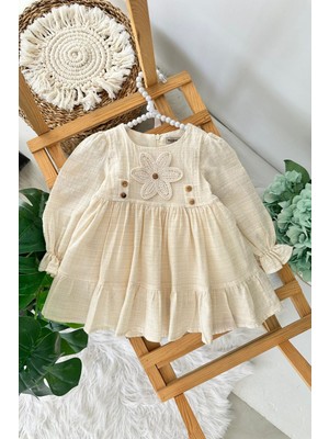 Miniğimin Cicileri (9-24 Ay) Çiçek Aplikeli Düğme Detaylı Kız Bebek Pamuklu Elbise - Pudra