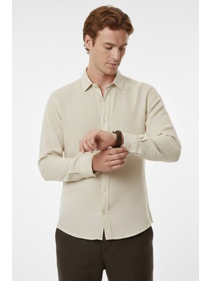 RizzUP Bej Rahat Kalıp %100 Keten Erkek Gömlek – Yazlık Çizgi Desenli Yeni Sezon Gömlek 2602616