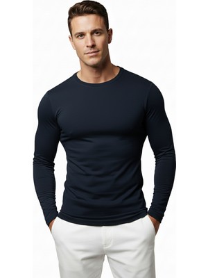 Rizzup Lacivert Dar Kalıp Likralı %90 Pamuk Erkek Sweatshirt – Vücuda Oturan Ince Penye Sweat 2300423