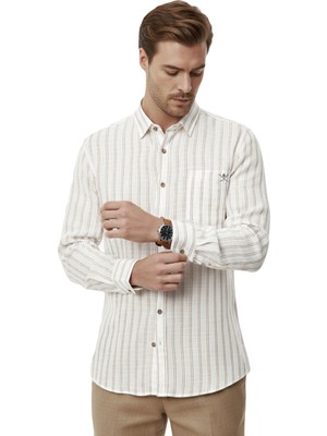 RizzUP Bej Rahat Kalıp Çizgili Erkek Gömlek – Cepli Ahşap Düğmeli Doğal Dokulu Yeni Sezon 2602623