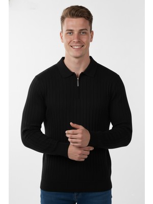 Rizzup Erkek Siyah Slim Fit Polo Yaka Triko Kazak - Yumuşak Dokulu Esnek ve Şık Görünüm 2605305