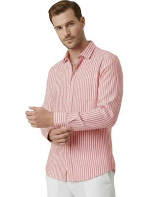 RizzUP Kırmızı Slim Fit %100 Pamuk Çizgili Erkek Gömlek – Cepli Yazlık Yeni Sezon Gömlek 2602627